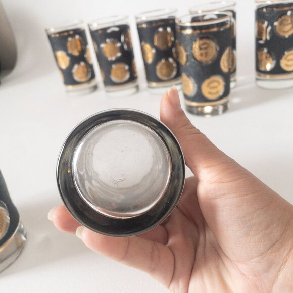 Vintage Libbey black textured 22-karat gold coin glasses MCM 1960s barware (9) - Picture 4 of 16